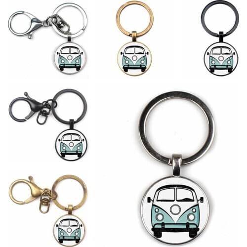 New Cartoons Blue Hippie Van Bus Photo Keychain Peace Sign Jewelry Vintage Man Car Key Pendant Charm Lady Bag Lobster Clasp Cute