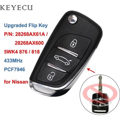 Keyecu Upgraded Flip Car Remote Key 433MHz PCF7946 for Nissan Cabster Micra Navara Note NV200 Pathfinder Qashqai 28268AX600