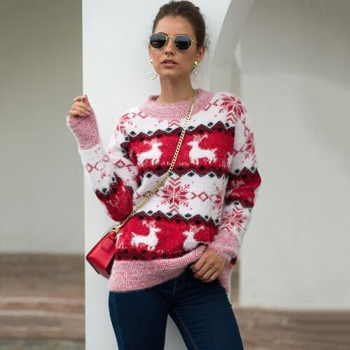 Deer Snow Knitted Christmas Sweater Women O Neck Long Sleeve Pullover and Sweater Autumn Jumper