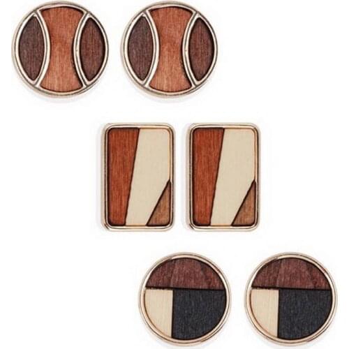 Refreshing Mosaic Art Geometric Wood Stud Earrings for Women Fashion Simple Minimal Boutique Jewelry Wholesale