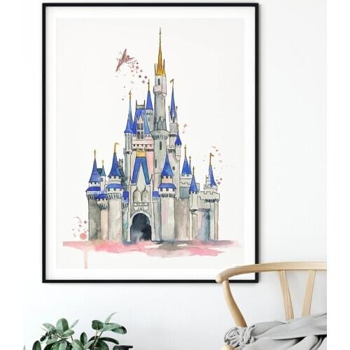 Cartoon Watercolor Castle Princess Posters and Prints Nursery Wall Art Print Canvas Painting for Kids Room Birthday Party Decor