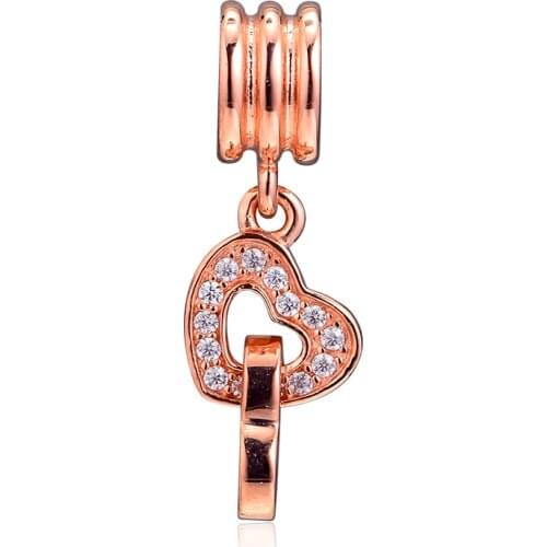 Fits Pandora Bracelet Charms 925 Sterling Silver Rose & CZ Interlocked Hearts Dangle Beads for Women DIY Jewelry Making