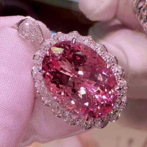 Luxury Oval Pendant Necklace Exaggerated Dazzling Pink Big Zircon S925 Silvery High Quality Jewelry For Women Wedding Engagement