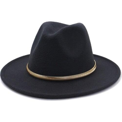 New Style Black Wide Brim Simple Panama Solid Felt Fedoras Hat Women artificial wool Blend Jazz CapMZ01