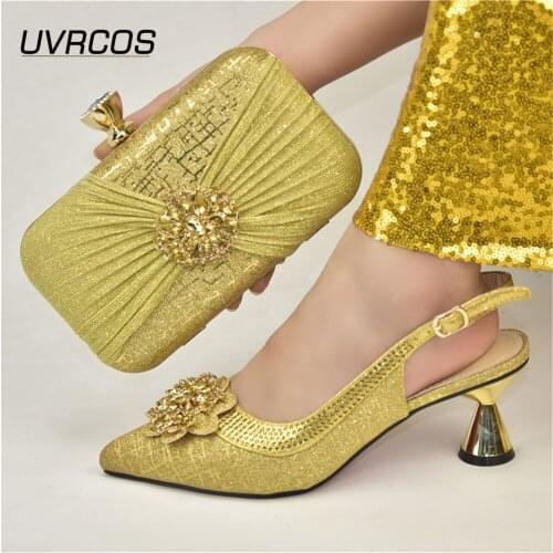 Nigerian New Arrival Italian Design Fashion Colorful Crystal Style Golden Color Women Shoes and Bag Set With Streamer Modeling