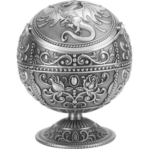Windproof Ash Tray Vintage Zinc Alloy Dragon Pattern Globe Cigarette Ashtray Lid Tabletop Portable Home Decor Ashtrays