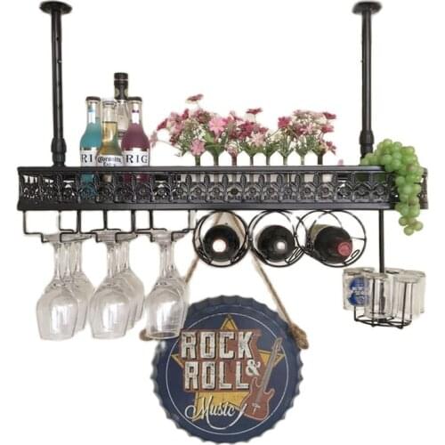 Vintage Bronzed Black Iron Metal Casting Ceiling Hang Upside Down Wine Goblet Holders Tall Glasses Bottle Storage Bar Pub Racks