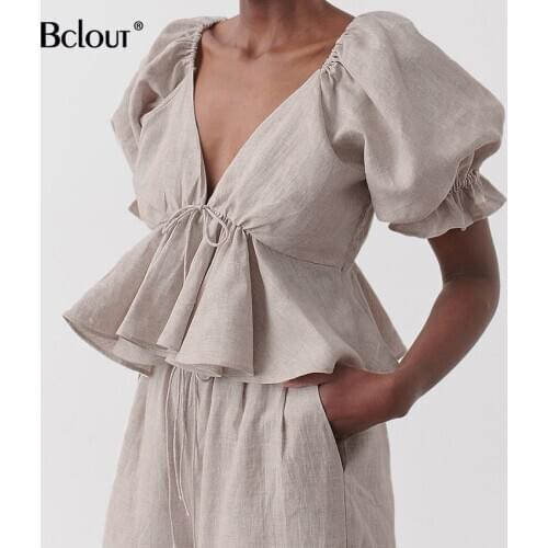 Bclout Elegant Vintage Women Blouse Spring Puff Sleeve Tunic Blouses Sexy Ruffles Lace Up Backless Casual Tops Shirt Female 2021