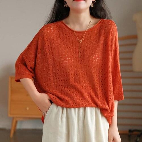Johnature Women Vintage Hollow Out T-Shirts Knitted 8 Color Tops Korean Style 2021 Summer New Loose Clothes Casual Girl Tees