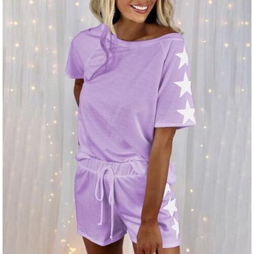 Casual Women Outfit Fashion Five-pointed Star Print Drawstring Two-piece Suit O Neck Short Sleeve T-shirt Shorts Sports Set