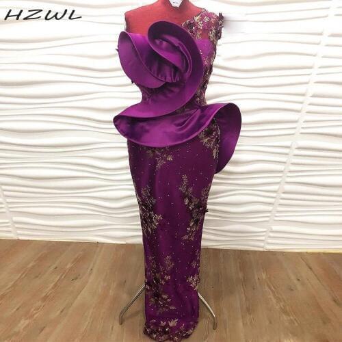 Purple Mermaid Prom Dresses One Shoulder Lace Appliques Beads Ruched Peplum African Dubai Evening Gowns Custom robe de soiree