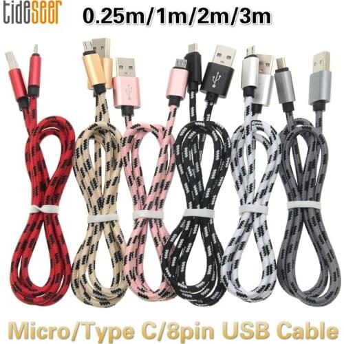 100pcs Micro/Type C/8pin USB Cable Nylon Charger for iPhone Samsung Huawei HTC Xiaomi Fast Charging Data Android Mobile Phone