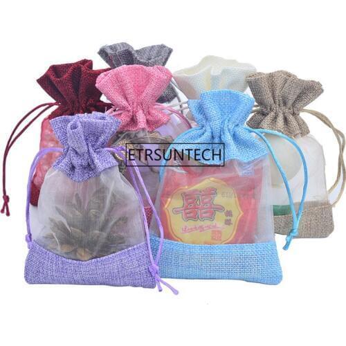 200pcs/lot 2 Size Organza Jute Gift Packaging Bag Party Candy Favor Sack Linen Jute Drawstring Pouch Jewelry Gift Candy Bag