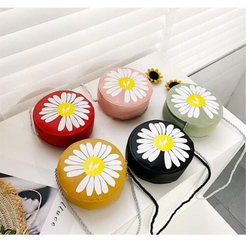 2020 Brand New Little Girls Bags Daisies Pattern Cross Body Bag Soft PU Leather Travel Zipper Fashion Round Handbag
