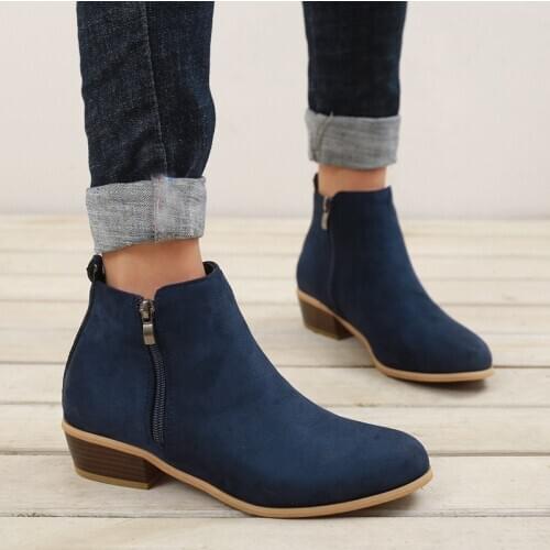 2020 Spring Women Ankle Boots Square Mid Heel Zip Shoes Woman Pointed Toe Shoes Female Classic Blue Autumn Boots Plus Size 42 43