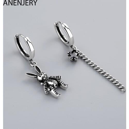 ANENJERY 925 Sterling Silver New Arrival Rabbit Long Tassel Asymmetric Hoop Earrings For Women Temperament Gift S-E1074