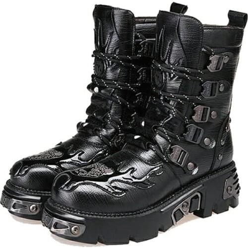 2021Gothic Punk Mens Leather boots Platform Rubber Boots Black Warm Mid Calf Military Combat Boots Fashion Motorcycle Boots 47