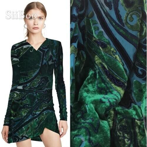 Designer floral burnout fabric for sewing rayon silk velvet fabric for dress 8mm flocking silk fabric cloth free shipping SP2810