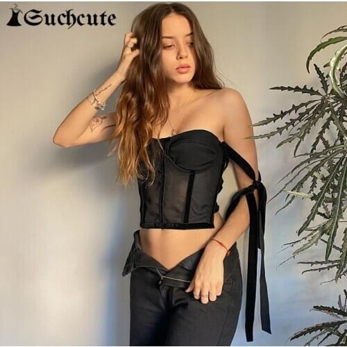 SUCHCUTE y2k Aesthetic Patchwork Corset Crop Top For Women Sexy Backless Cross Bandage Bustier Top Party Wear Ladies Summer 2021