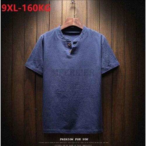 Large size 7XL 8XL 9XL Men Short Sleeve cotton linen T-shirt and shorts japan style Summer oversize vintage t shirt v-neck tees
