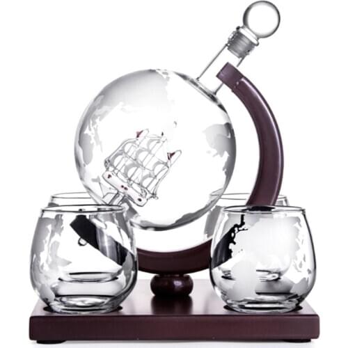 Whisky Decanter for Vodka Liquor Carafe Lead-free Whiskey Decanter Globe Set Elegant Wine Glass Sailboat Inner World Map Surface