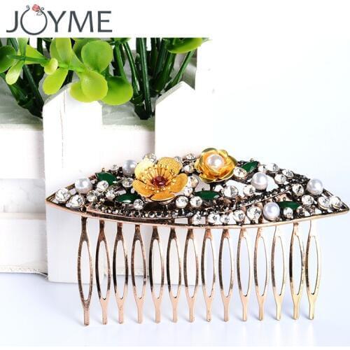 JOYME New Hair Comb Pin Tiara For Bride Red Top Resin Yellow Flower Simulated Pearl Retro Gold Color Plated Indian Jewelry