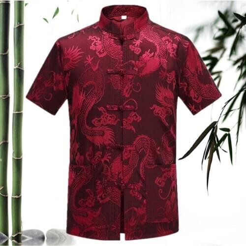 Chinese Mens Silk Satin Kung Fu Shirt Top with Pocket Burgundy New Vintage T-shirt Spring Summer Tang suit футболка мужская
