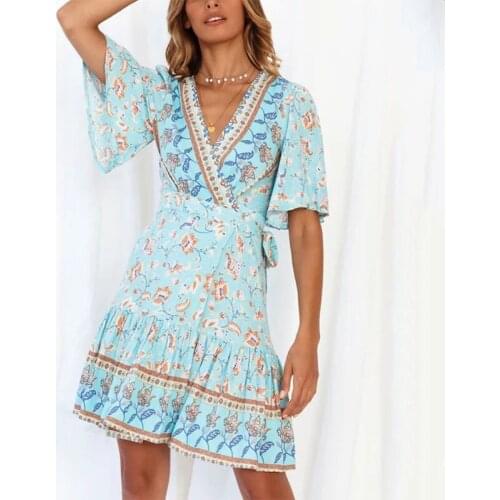 Summer Boho Floral Printed Mini Dress Women V Neck With Belt Dresses Female Short Sleeve Beach Dress Sundress Vestido A241