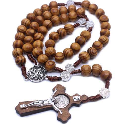 Fashion Handmade Round Bead Catholic Rosary Cross Religious Wood Beads Men Necklace Charm Gift