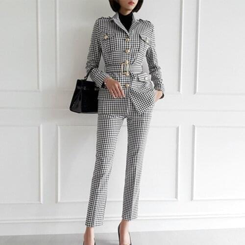 Fashion Office Ladies Plaid Suit Slim Fit Spring New 2pcs Blazer Pants Suits Vintage Business Work Outfits Set Ensemble Femme