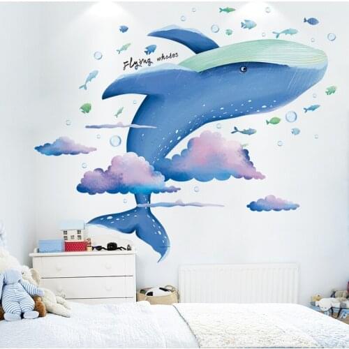 Cartoon Marine Animal Whale Wall Stickers for Kids Room Bedroom Decoration 3D PVC Wall Decals Self Adhesive Mural