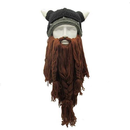 Mens Barbarian Vagabond Viking Beard Beanie Horn Hat Handmade Winter Warm Birthday Funny Gag Halloween Cap Christmas Gifts