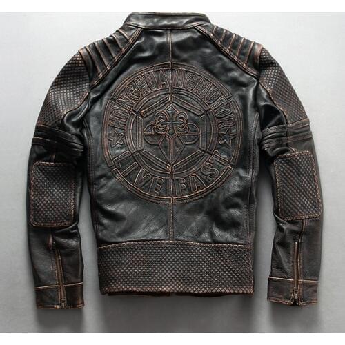 Vintage Brwon Motorcycle Cow Genuine Leather Jacket men Fashion 3D Print Thick Cowhide Slim Fit Jackets Winter Russia Coats