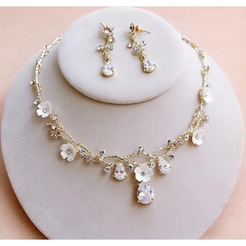 Champagne Gold Zircon Bridal Necklace Earrings Jewelry Set For Wedding Dress Party With Resin Flowers Accessories Bride Romantic