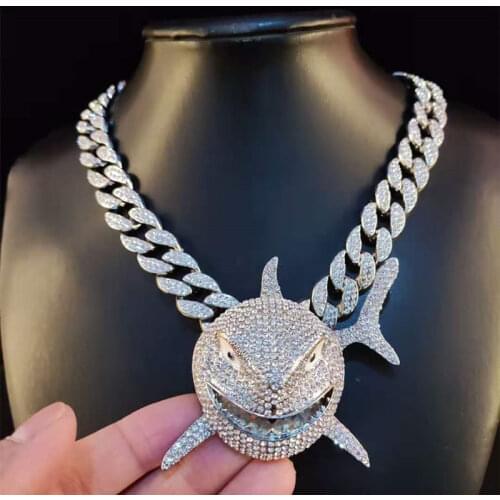 Hip Hop Big Shark Pendant Necklace Pave Bling Cubic Zircon Party Jewelry With Big Iced Out Crystal Miami Cuban Link Chain