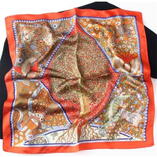 POBING 100% Pure Silk Scarf Women Fortune Tree Print Square Scarves Wraps Silk Foulard Head Neckerchief Hijab Bandana 53X53CM
