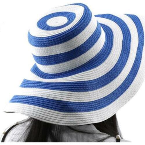 Women Fashion Stripe Wide Brim Floppy Straw Hat Foldable Summer Beach Sun Cap Brim Floppy Straw Hat Foldable Summer Beach Cap