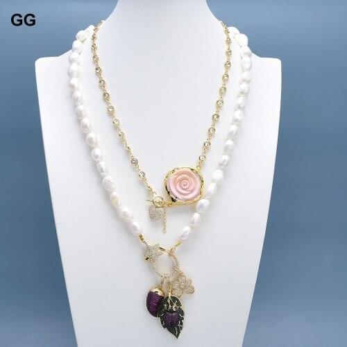 GuaiGuai Jewelry Cultured White Keshi Pearl Necklace Gold Plated Pink Queen Conch Flower CZ Insect Flower Heart Pendant