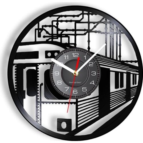 Railway Train Laser Cut Vinyl LP Wall Clock Locomotive Telegraph Pole Track Vintage Luminous Wall Watch Station Hanging Decor