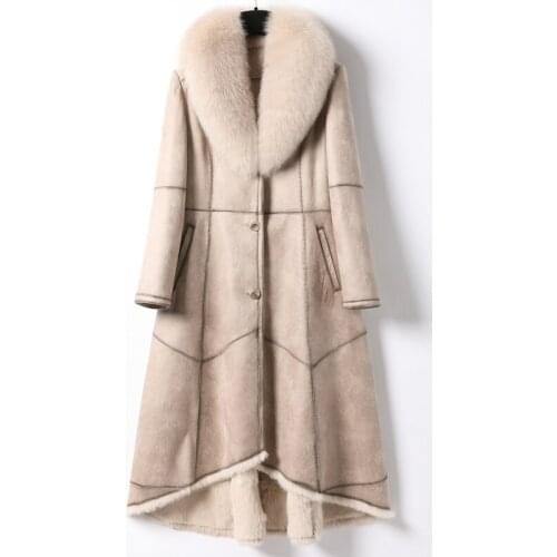 2021 Winter Women Natural Rabbit Fur Coat Shearing Genuine Leather And Fur Jackets Female Long Fox Fur Collar Belt Outwear