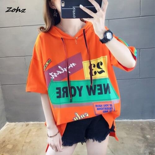 2021 summer hooded T-shirt womens large womens medium length short sleeve top womens loose casual T-shirt