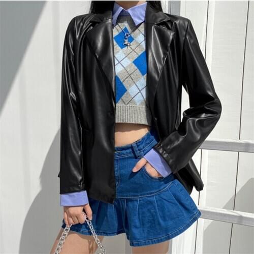 Fashion Womens Jackets PU Leather Long Sleeve Lapel Collar Single Button Office Lady Loose European Stylish Outwear Black Tops