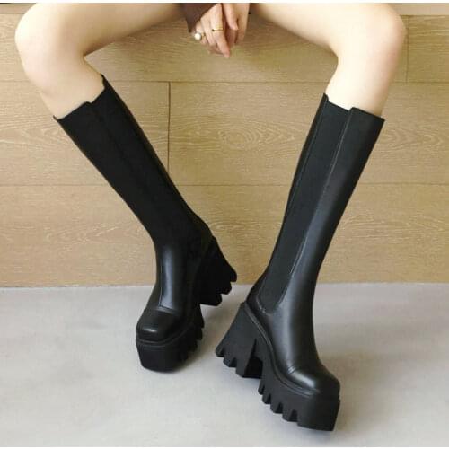 2021 Black Platform Women Boots Fashion Chunky High Heel Knee High Boots Fashion Square Toe Zipper Autumn Winter Woman Boots