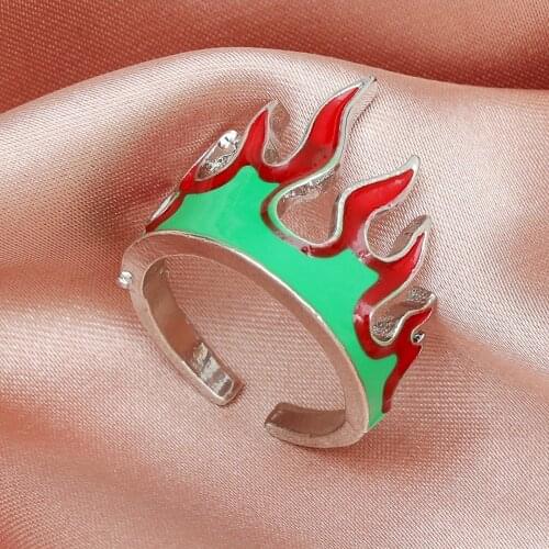 90s Aesthetic Green Flame Rings For Women Opening Punk Vintage Fashion Goth Rings Charms Y2K Jewelry Wholesale Gifts New