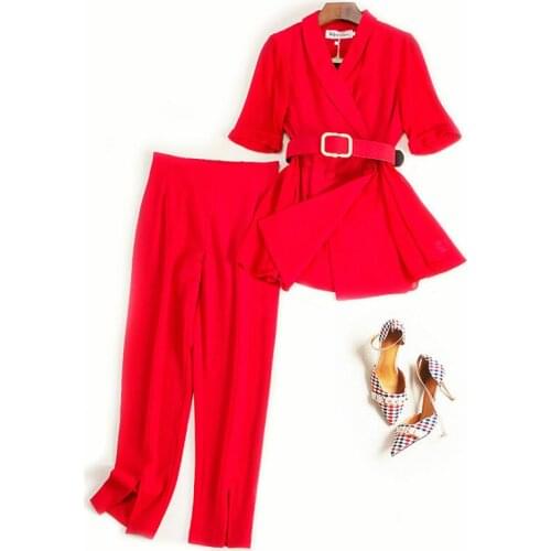 Womens suit 2019new summer temperament professional slim elastic waist chiffon small suit set three-piece wild womens clothing