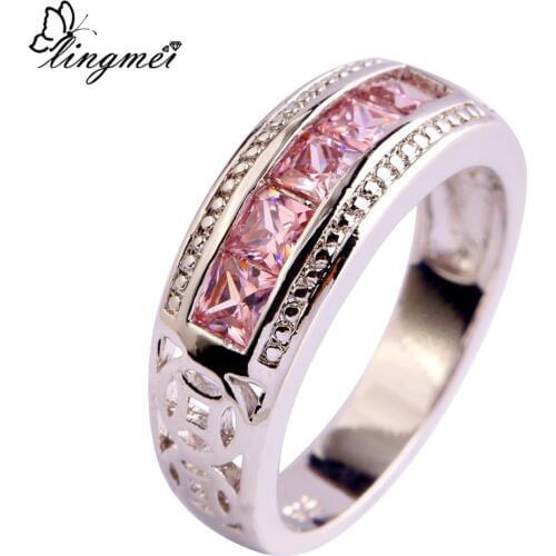 Lingmei Drop Shipping Pink CZ New Popular Silver Color Ring Jewelry For Women Gift Size 6 7 8 9 10 Engagement Rings Wholesale