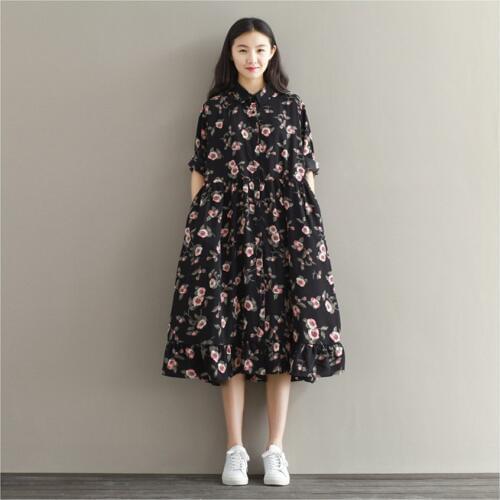 New women summer Dress Floral Print Loose Waist Women Dresses Black Plus Size Women Clothing flower Beach half sleeve Dresses