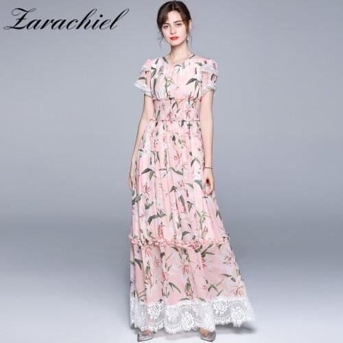 2021 Summer Runway Floral Patchwork Lace Chiffon Pink Maxi Dress Women Short Sleeve Elegant Lilies Printed Beach Boho Sundresss