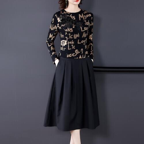 Spring Autumn Vintage Patchwork Print Midi Dress 2021 Casual Knitting Cotton 4XL Plus Size Dress Women Elegant Bodycon Vestidos