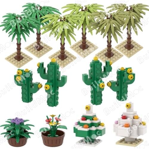 Moc Accessories Bricks Plants Coconut Tree Flowers Grass Cactus Mushroom DIY Building Block Toys For Children Kids Birthday Gift